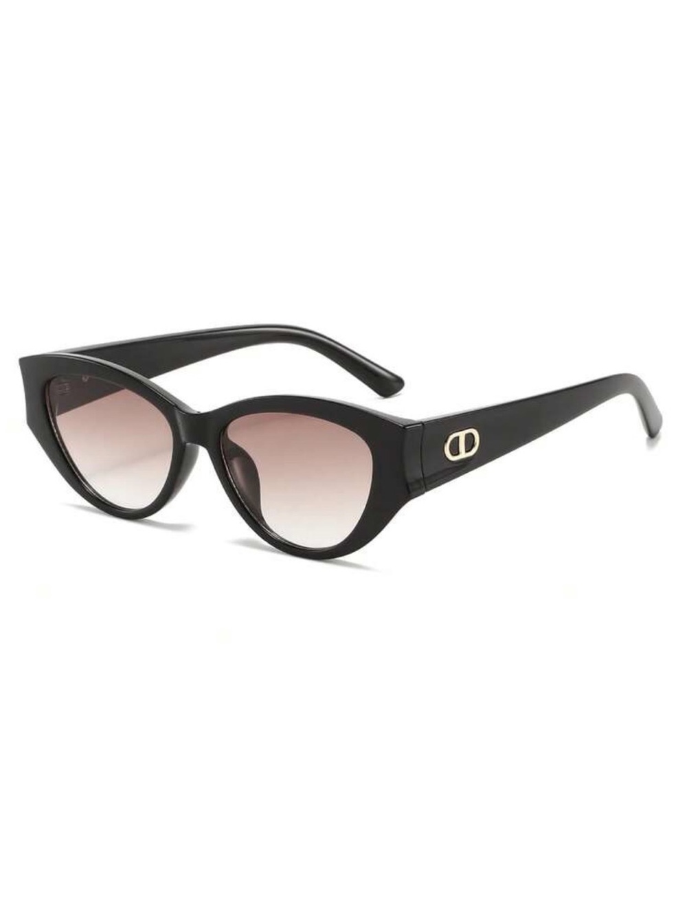 Black Cat-Eye Sunglasses with Pink Gradient Lenses and Gold Emblem